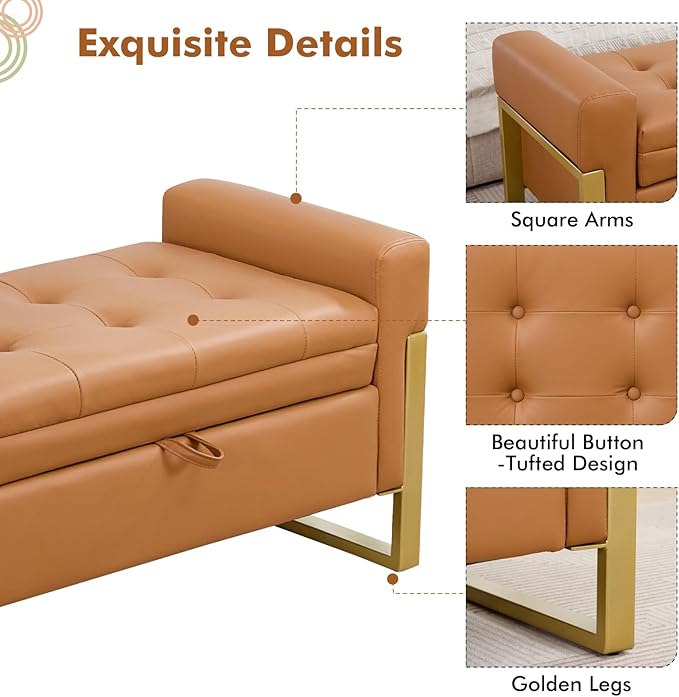 67" End of Bed Bench King Size, Leather Storage Bench for Bedroom Foot of Bed, Double Lids Storage Bench with Golden Legs, Upholstered Ottoman Bench for Living Room Window Entryway, Brown