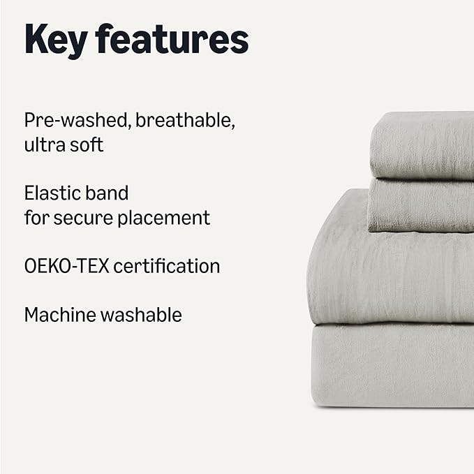 Amazon Basics Queen Bed Sheet, 4-Piece Bedding Set, Double Brushed Microfiber, Ultra Soft, Easy Care, Grey