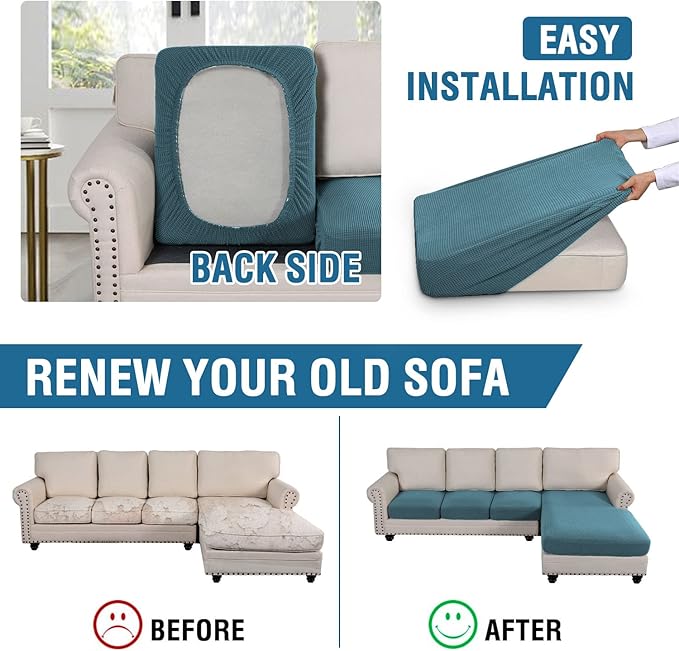 H.VERSAILTEX Sectional Couch Covers 4 Pieces Sofa Seat Cushion Covers L Shape Separate Cushion Couch Chaise Cover for Both Left/Right Sectional Couch (Seat Only: 1 Chaise + 3 Sofa, Storm Blue)
