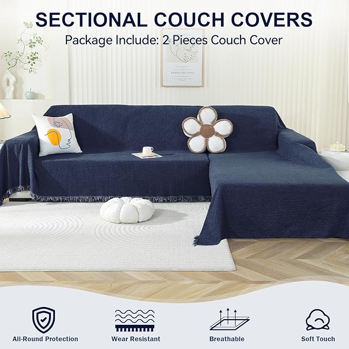 OstepDecor Sectional Couch Covers 2 Pieces, L Shaped Sofa Cover, Chenille Couch Cover for Dogs Washable, Couch Cover Blanket, Sofa Slipcover for 2-3 Cushion Couch (71"x118"+71"x118", Navy Blue)