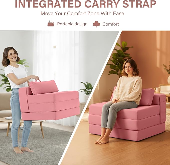 Tiita Folding Sofa Bed Chair, 4-Fold Convertible Sleeper Chair with Lumbar Pillow, Washable Cover & Side Pocket, Floor Couch Bed with Raised Seat, Single Size for Small Spaces, Pink