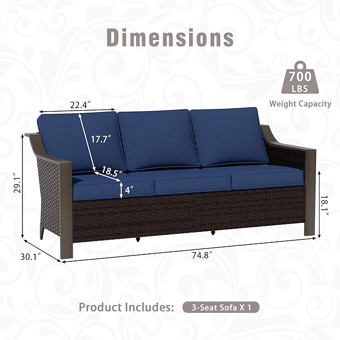 3 Piece Wicker Patio Conversation Set, All-Weather Use Outdoor Wicker Sofa with 2 PE Rattan Swivel Chair, Removable Water-Resistant Cushion, Ideal for Porch, Backyard, Balcony, Poolside, Blue