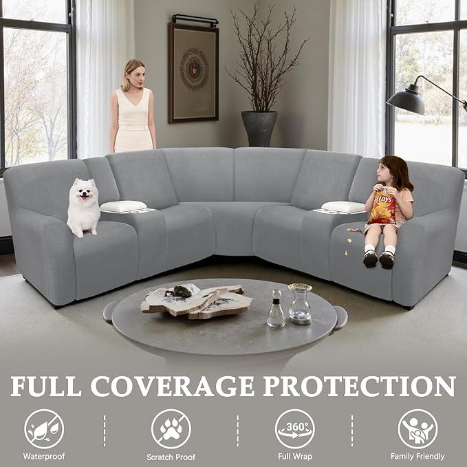 Reclining Sectional Couch Covers L Shape Waterproof Washable Recliner Sofa Cover for L Shaped Sectional Super Stretch Soft Corner Recliner Slipcovers (5 Seater 2 Console Cover, Light Gray)