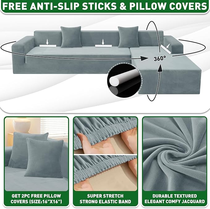 ZNSAYOTX 2026 Soft Velvet Sectional Couch Covers, Luxury Plush Slipcovers with Elastic Bottom for L Shape Sectional Sofa, 2 Pcs Pet Friendly Protector (3 Seat Couch + 3 Seat Chaise, Light Grey)