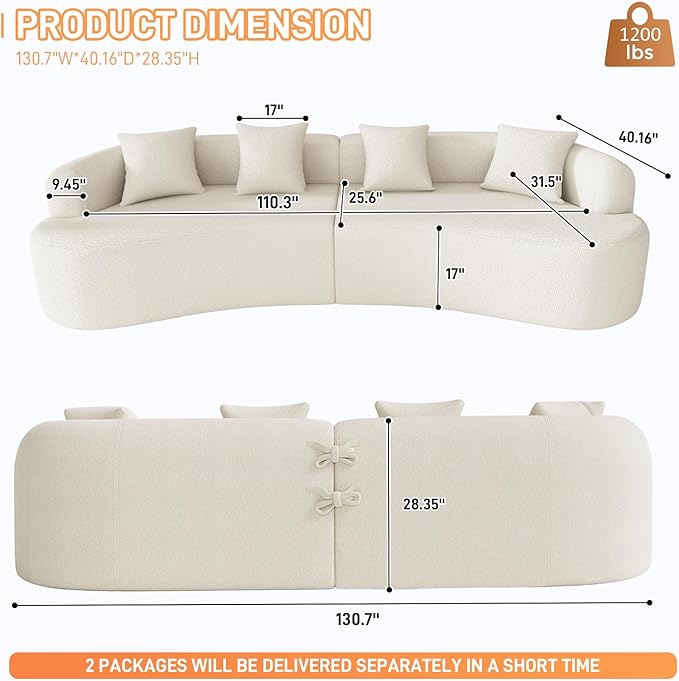131" Curved Modular Sectional Sofa for Living Room, Modern Chenille Oversized Cloud Couch Sofa, Luxury Plush Extra Deep 4-Seater Boucle Couch for Apartment‌‌, No Assembly Required, Cream White