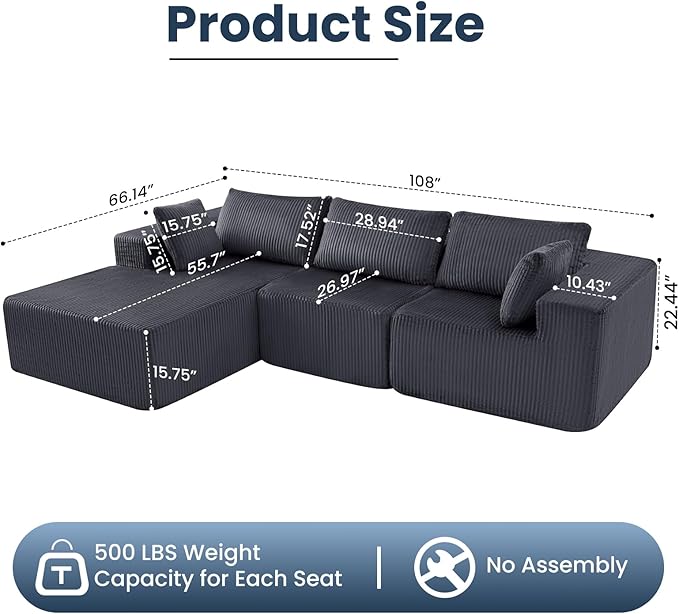 DUMOS 108" Boneless Couch, Cloud Sectional Couch with L-Shape Chaise, Modular Sectional Sofa with Deep Seat, Upholstered Couch for Living Room Bedroom, No Assembly Required (Grey, Left Facing Chaise)
