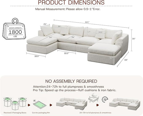141'' Oversized Cloud Sectional Boneless Couch for Living Room, Modern Big Compressed U Shape Couch with 2 Ottoman 2 Throw Pillows, Comfy Chenille Deep Seat Memory Foam Spineless 6 Seater Sofa,Beige