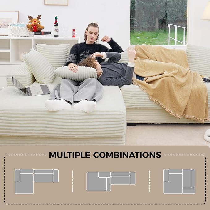 111'' Modular Sectional Cloud Couches with Chaise, L Shaped Extra Large Sleeper Couch Fluffy Corduroy with 8pcs Pillows for Living Room(Beige Left Facing Chaise)