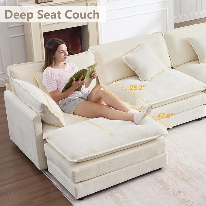 147" Modular Sectional Sofa, Oversized U Shaped Sectionals Cloud Couch, Big Comfy Couch with 2 Ottomans, 6 Seater Chenille Sectional Sofa with Deep Seat and 6 Pillows for Living Room- Beige