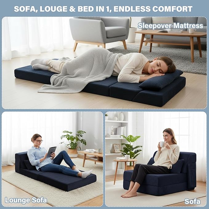 Tiita Convertible Folding Sofa Bed Single Size for Adults with Pillow, Plush Fabric Floor Mattress Couch Bed, Washable Cover & Side Pocket, Guest Room, Dorm, Apartment, Living Room, Navy