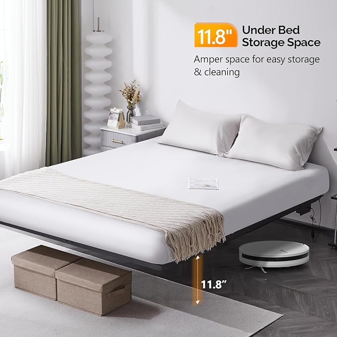 VINGLI Floating Bed Frame King with USB Charging Station/LED Lights, 14'' Platform Bed Frame King Size Heavy Duty Metal Bed, No Box Spring Needed,Black