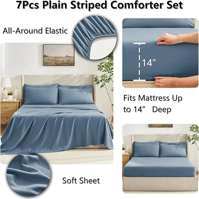 CozyLux Queen Comforter Set Mineral Blue, 7 Pieces Bed in a Bag, Blue Comforters Queen Size, All Season Bedding Sets with Stitch Quilted Comforter, Flat Sheet, Fitted Sheet, Pillowcases