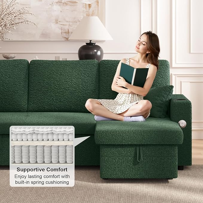 Sleeper Sofa Bed, 4-in-1 Pull Out Couch with Reversible Chaise | Dual USB & Type-C Charging | Dual Cup Holders | Layered Storage (Armrest + Chaise) for Living Room (Classic Green)