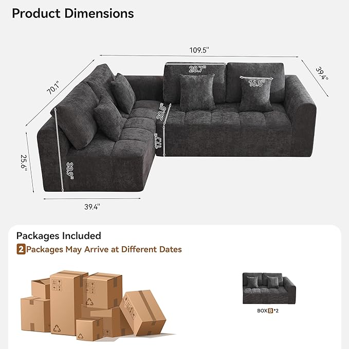 110''Modular Sectional Couches for Living Room, Cloud Boneless Compressed Sofa Left Facing Chaise, Oversized L Shaped 4 Seater Memory Foam Sofa, No Assembly, Chenille Grey