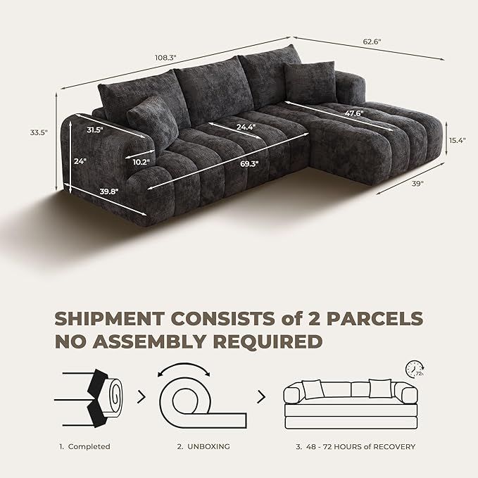 108" Cloud Sectional Couches for Living Room, Boneless L-Shaped Sofa with Pillow 3 Seater Modular Sectional Sofa (Dark Grey)