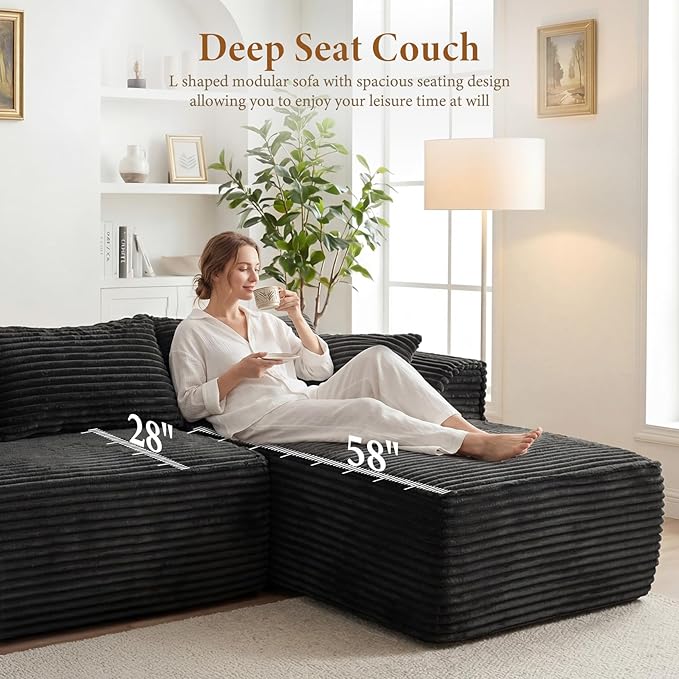 Vesgantti 106" Cloud Couch with Chaise, Deep Seat Fluffy Modular Sectional Sofa Corduroy Memory Foam Boneless Couches for Living Room Bedroom, No Assembly Required (Grey, Right-Facing Chaise)