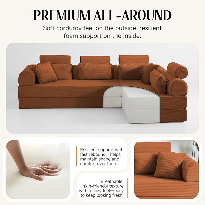 106" L-Shaped Modular Boneless Couch, 2-Piece System (2×70.87"), Convertible Sectional to 141.7" Straight Sofa, Corduroy Couch in a Box, Headrest & Back Pillows for Living Room, Orange