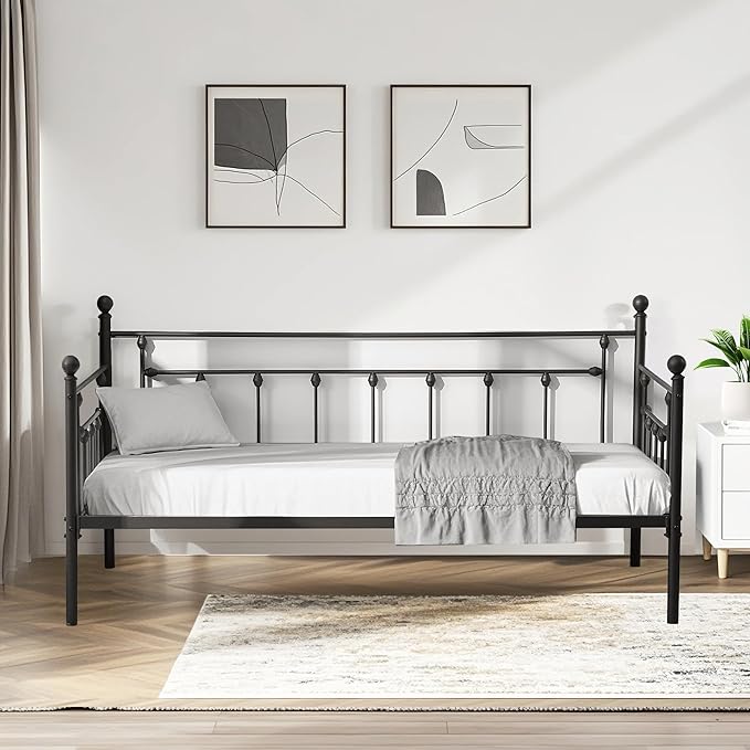 VECELO Daybed Frame, Twin Size Metal Platform Bed with Headboard,Heavy Duty Steel Slats Support for Living Room Bedroom Guest Room, Easy Assembly