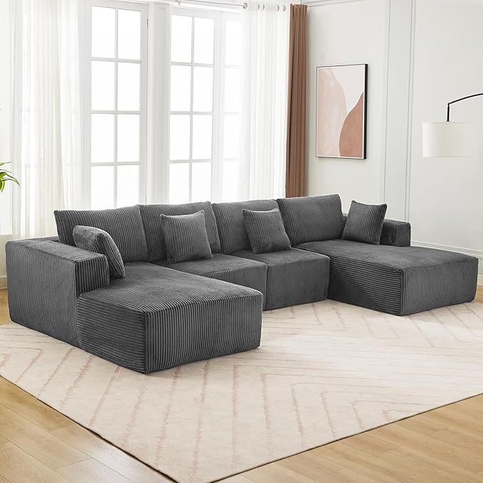 Sectional Cloud Boneless Couch 137" Modern Comfy U-Shaped No Assembly Required Convertible Compression Sleeper Modular Sofa with Corduroy Fabric Deep Seat Single + Chaise for Living Room