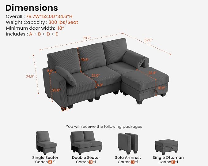 CHIC HOUSE Modular Sectional Sofa with Storage Ottomans, Corduroy Cloud Couch for Small Spaces & Apartments, Reconfigurable L/U Shaped Convertible Corner Sofa (4 Seater Sectional, Dark Grey)