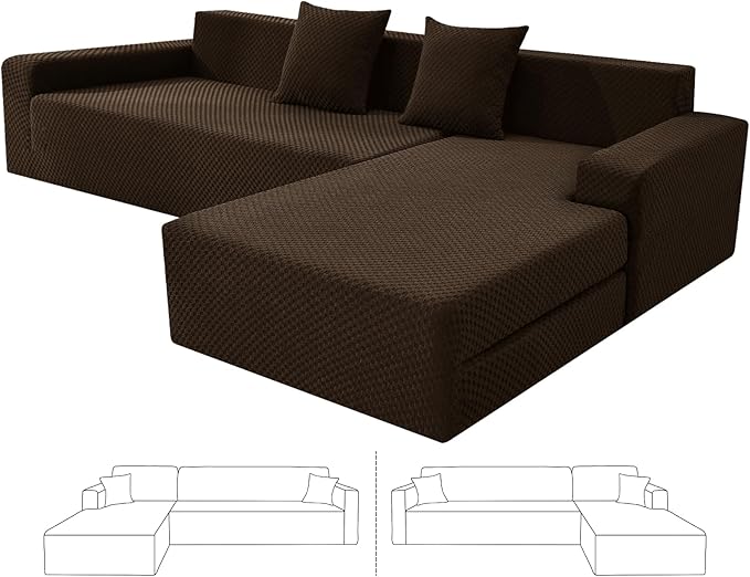 ZNSAYOTX Sectional Couch Covers, Stretch Jacquard Slipcovers with Elastic Bottom for L-Shape Sectional Sofa, 2 Pcs Pet Friendly Modular Sofa Protector (3 Seat Couch + 2 Seat Chaise, Dark Coffee)