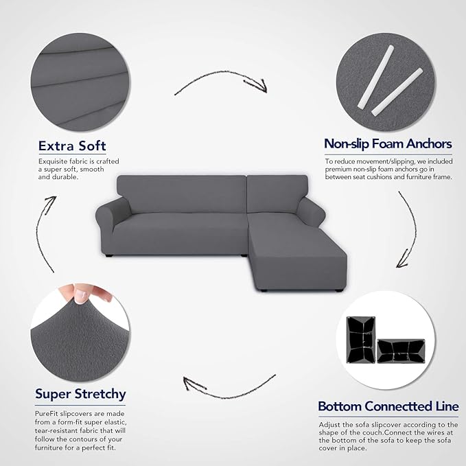 PureFit Super Stretch Sectional Couch Covers - 2 pcs Spandex Non Slip Sofa Covers with Elastic Bottom for L Shape Sectional Sofa Couch, Great for Kids & Pets (3 Seat Sofa + 3 Seat Chaise, Gray)
