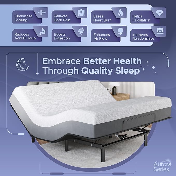 Celestial Sleep Aurora Adjustable Bed Base (Frame) + 8 inch Gel Memory Foam Mattress (Firm), Easy Assembly, Head and Foot Lift, Zero Gravity, Memory Positions, CertiPUR-US Bed - King