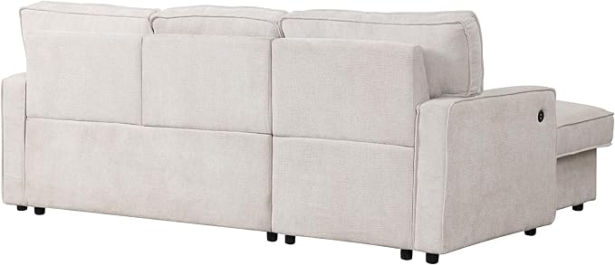 LUMISOL 89" Convertible Sleeper Sofa Bed, Modern L-Shaped Sectional Couch Bed with Convertible Chaise, Chenille Pull Out Sofa with Cup Holders & Charging Station for Living Room, Beige