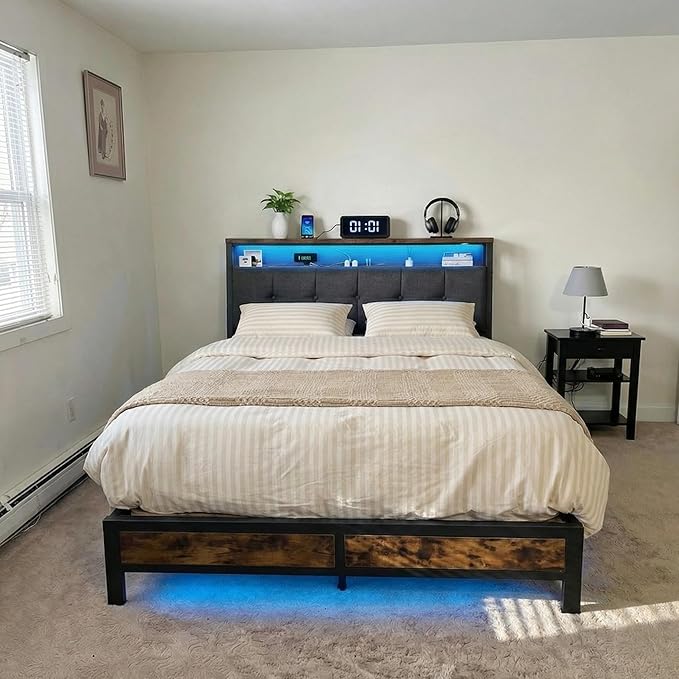 Homkdom Queen Bed Frame with Charging Station and LED Lights, Grey Upholstered Headboard with 2-Tier Storage Shelves,Metal Platform with 12" Under-Bed Storage, No Sliding,Noise-Free,1000LBS