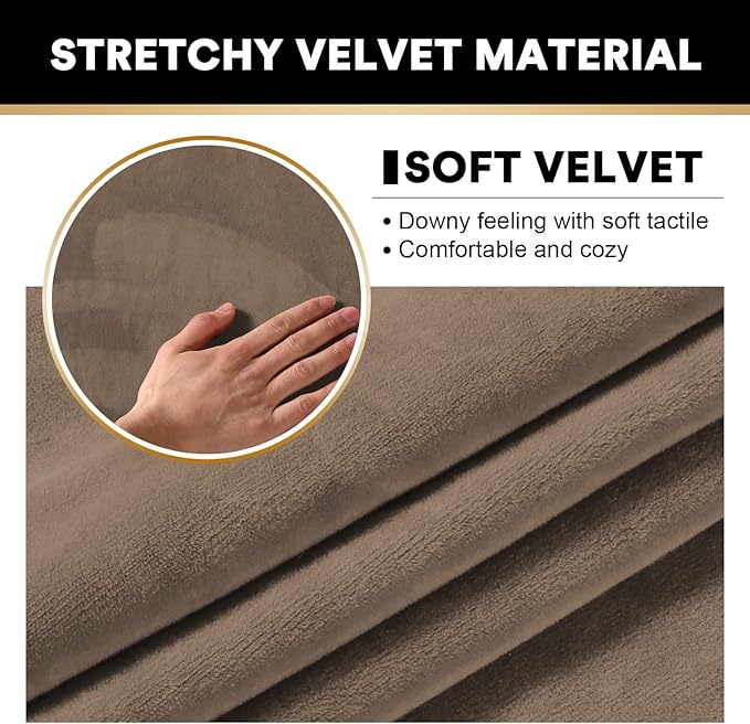 PrinceDeco Velvet Couch Covers for Sofa Soft 4 Pieces Couch Covers for 3 Cushion Couch Sofa Pet Friendly Furniture Protector with Non Slip Elastic Bottom Width Up to 90 Inch (Large, Mocha)
