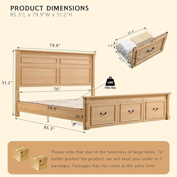 Aitjunz Farmhouse King Size Bed Frame with 51" Tall Headboard, Wood Platform Bed Frame with 20" Tall Roman Column Decoration Footboard & 3 Large Storage Drawers, No Box Spring Needed (Natrual)