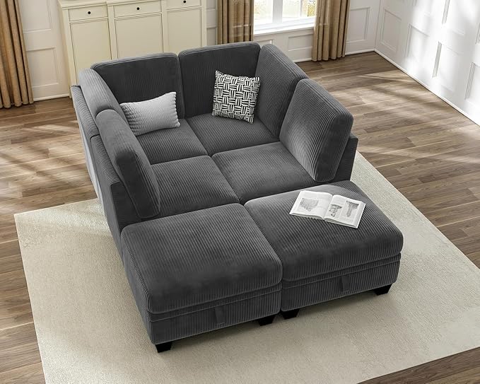 CHIC HOUSE Modular Pit Sofa, Corduroy Cuddle Couch with Storage Ottoman, Sleeper Sofa Square Daybed for Living Room & Cinema, Cloud Pit Alternative, (6 Seater Compact Sleeper, Dark Grey)