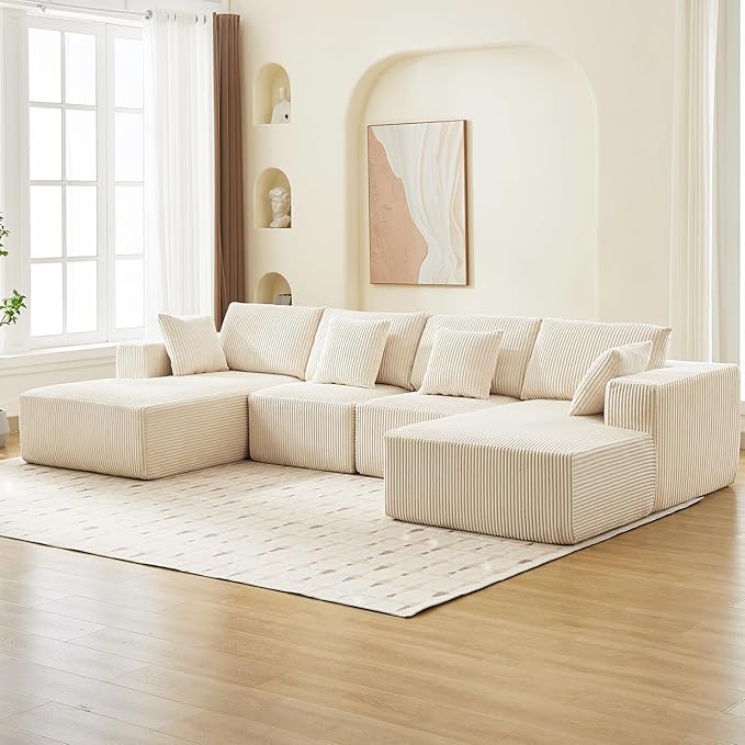 Sectional Cloud Boneless Couch 137" Modern Comfy U-Shaped No Assembly Required Convertible Compression Sleeper Modular Sofa with Corduroy Fabric Deep Seat Single + Chaise for Living Room