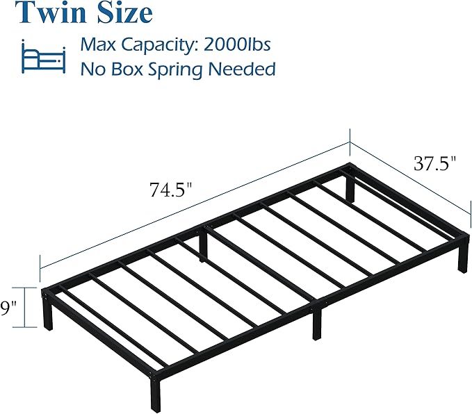 DiaOutro 9 Inch Twin Bed Frames Heavy Duty Low Profile Metal Platform No Box Spring Needed Mattress Foundation, Easy to Assembly, Noise Free, Black