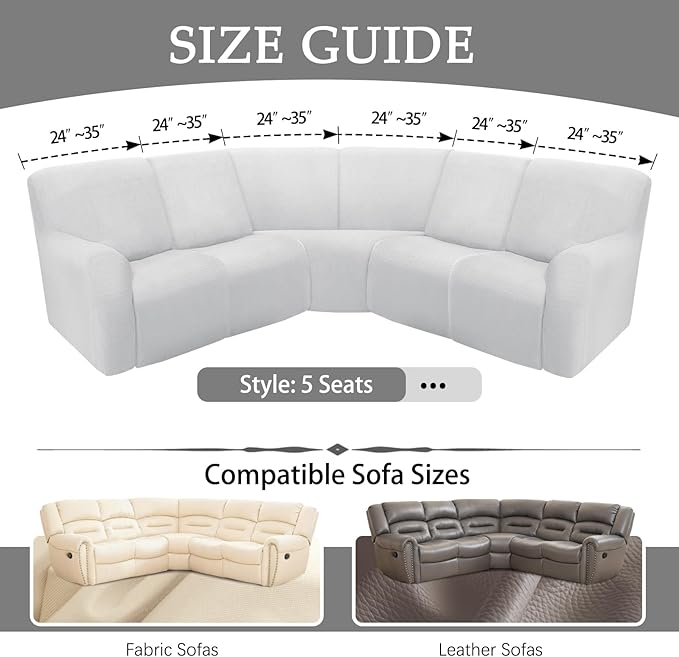 Waterproof Reclining Sectional Couch Covers Washable L Shaped Couch Cover for Sectionals Recliner Sofa Covers Stretch Corner Recliner Slipcovers for Dogs (5 Seater Cover, Cream)