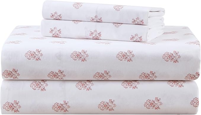Comfort Spaces 100% Cotton Sheets King, Breathable, Naturally Cool Cotton Sheets, Soft Cotton Bed Sheets with 14" Elastic Pocket Fits up to 16" Mattress, All Seasons Sheet Set, Floral Pink 4 Piece