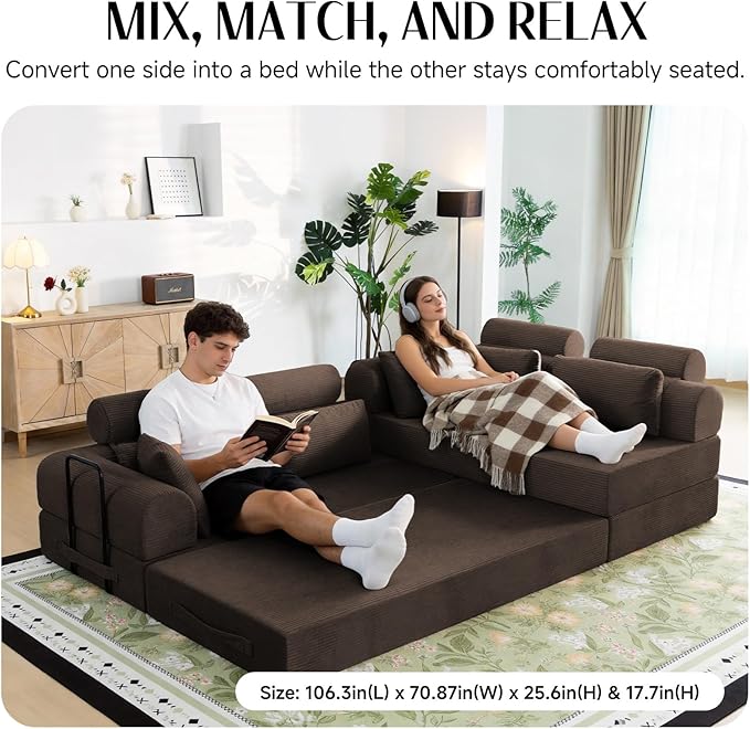 106" L-Shaped Modular Boneless Couch, 2-Piece System (2×70.87"), Convertible Sectional to 141.7" Straight Sofa, Corduroy Couch in a Box, Headrest & Back Pillows for Living Room，Brown