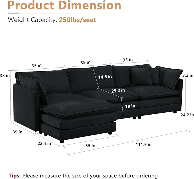 mikibama Modular Sectional Sofa, 111.5 Inch L Shaped Couch Set for Living Room, 3-Seater Comfy Cloud Couches with Movable Ottoman, DIY Combination, Chenille, Black