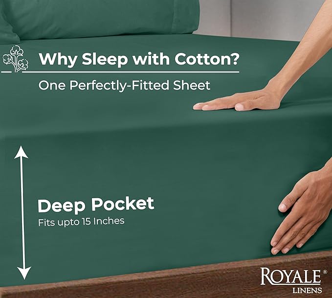 Royale Linens 100% Organic Cotton Fitted Sheet - Percale Weave - Super Soft Deep Pocket Bottom Sheets - Elastic Sheet King Size - King Fitted Sheets Only - (78"x80"+15", Hunter Green)