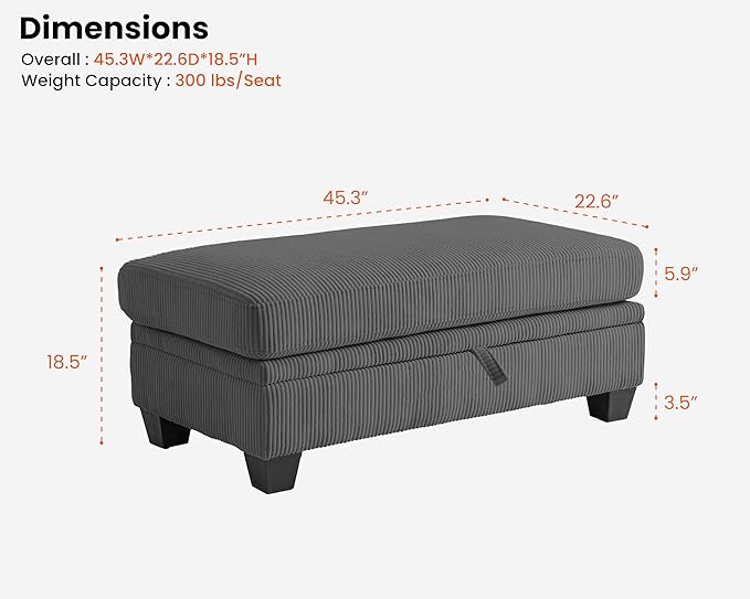 CHIC HOUSE Middle Module for Modular Couch, Corduroy Customizable Chaise, Storage Ottoman for Sectional Sofa, Armrest, Single/Double Seater