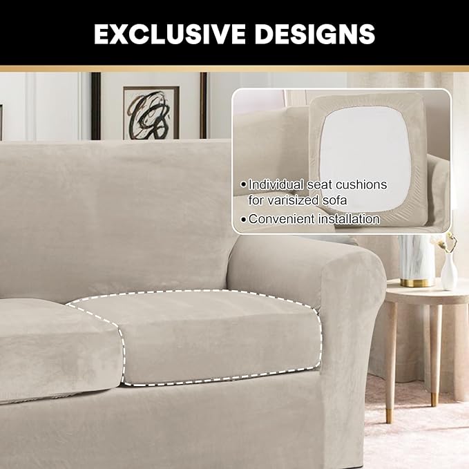 PrinceDeco Velvet Plush Couch Cover Stretch 2 Piece Chair Cover Chair Slipcover Washable Furniture Protector Couch Soft with Elastic Bottom Armchair Cover Width Up to 49 Inch(Small, French Oak)