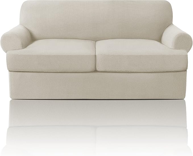 PrinceDeco T Cushion Loveseat Slipcover 3 Pieces Sofa Covers for T Cushion Sofa Stretch Slip Covers for 2 Cushion Couch with 2 Individual T Shape Seat Covers Width Up to 76", Island Fossi