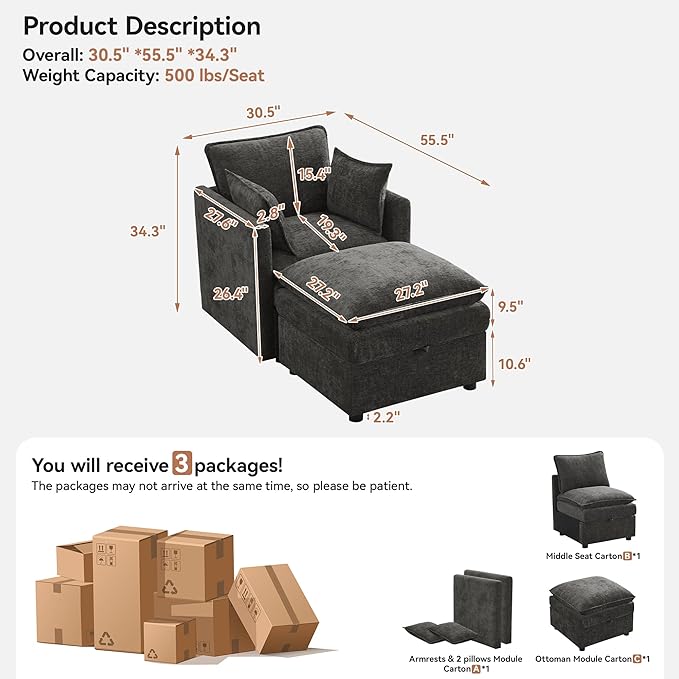 30" Cloud Modular Single Sofa Chair with Storage Ottoman, Modern Upholstered Accent Chair with Storage, Chenille Reading Lounge Armchair for Living Room, Bedroom, Small Space, Dark Grey | Storage Ottoman, Upholstered Chair, Accent Chair, Reading Lounge...