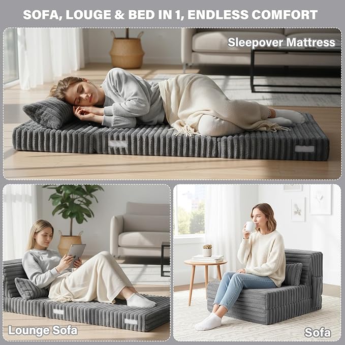 Tiita Folding Sofa Bed Single Size, Convertible Sleeper Chair Mattress with Pillow, Thick Corduroy Floor Mattress Couch Bed with Side Pocket, Guest Room, Dorm, Apartment, Grey