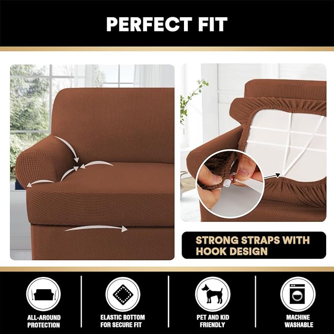 PrinceDeco T Cushion Sofa Slipcover 3 Pieces Sofa Covers for T Cushion Couch Soft Couch Covers Sofa Slip Cover Furniture Covers with 2 Individual T Shape Seat Covers (70"-88") Washable,Caramel