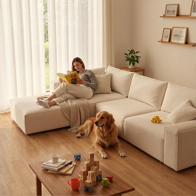 97" L-Shaped Cloud Corduroy Sofa with Left Chaise, Modular Sectional Couch, Flexible Combination Couches for Living Room, Bedroom, No Assembly Required (White)