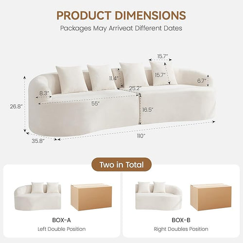 110" Boneless 4 Seater Sofa Couch, Modern Oversized Curved Cloud Sofa, Chenille 4-Seater Deep Seat Sectional Couches for Living Room, No Assembly, Beige