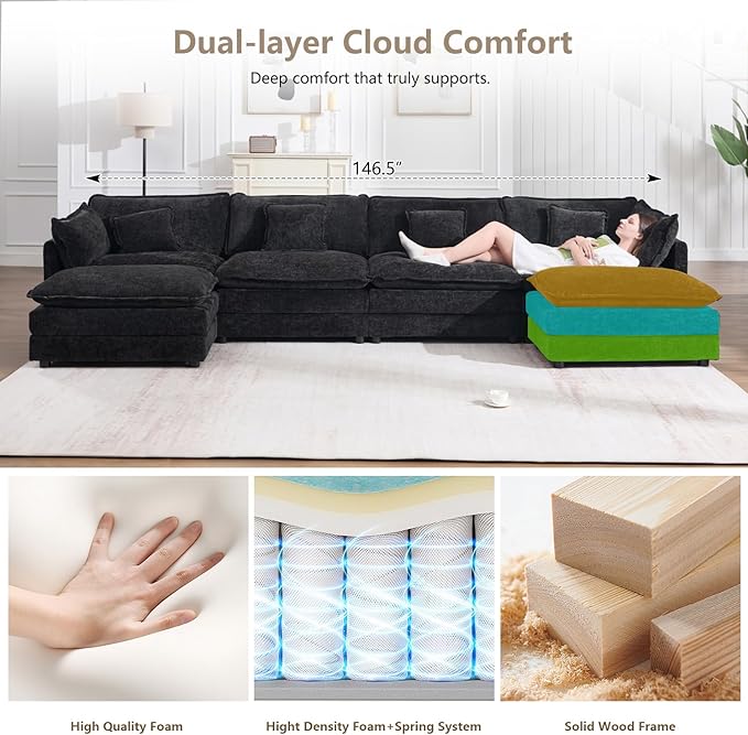 147" Modular Sectional Sofa, Oversized U Shaped Sectionals Cloud Couch, Big Comfy Couch with 2 Ottomans, 6 Seater Chenille Sectional Sofa with Deep Seat and 6 Pillows for Living Room- Black
