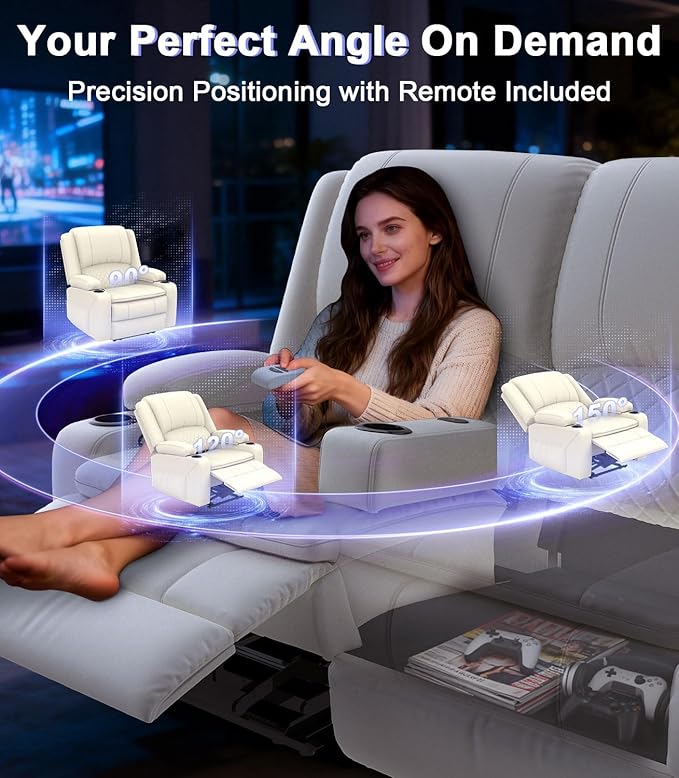 Power Loveseat Recliner Sofa, Removable Armrest 3 Seats Power Reclining Loveseat with Remote Liftable Console, Wall Hugger RV Theater Seating with Storage & USB & RGB (PU, White)