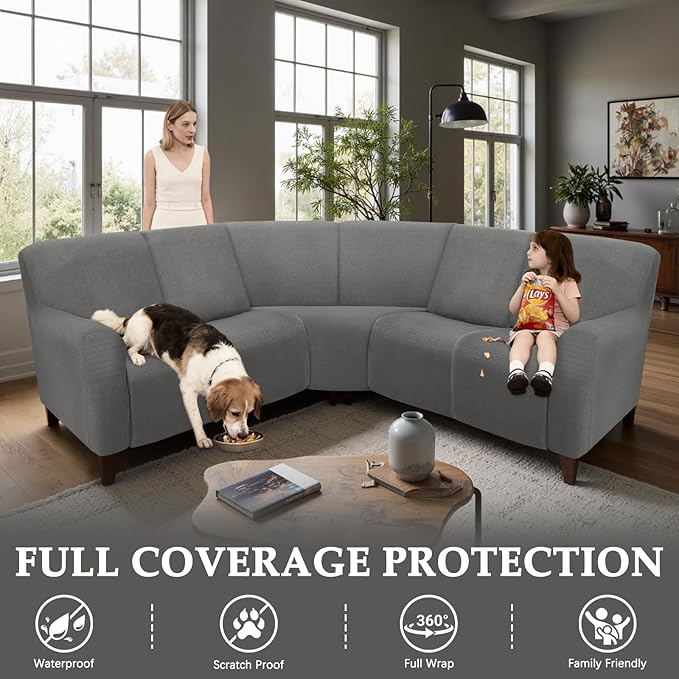 Waterproof Reclining Sectional Couch Covers Washable L Shaped Couch Cover for Sectionals Recliner Sofa Covers Stretch Corner Recliner Slipcovers for Dogs (5 Seater Cover, Dark Gray)